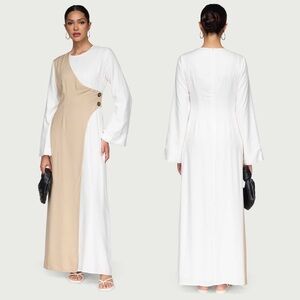 VEILED Modest Maxi Dress XS Long Sleeve Colorblock Beige White Elegant